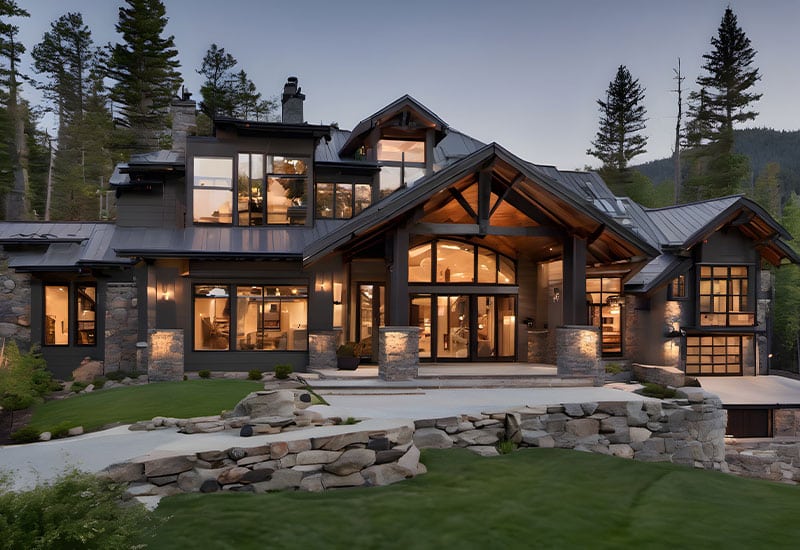 Exterior or mountain home with large stone-lined walkway